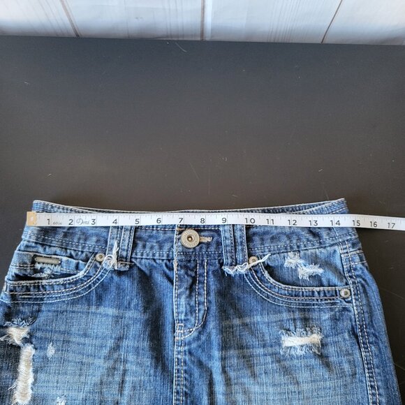 Aeropostale Denim Y2K Mini Jean Skirt, Women’s Sz 3/4 Skirt, Distressed, EUC - Picture 5 of 6